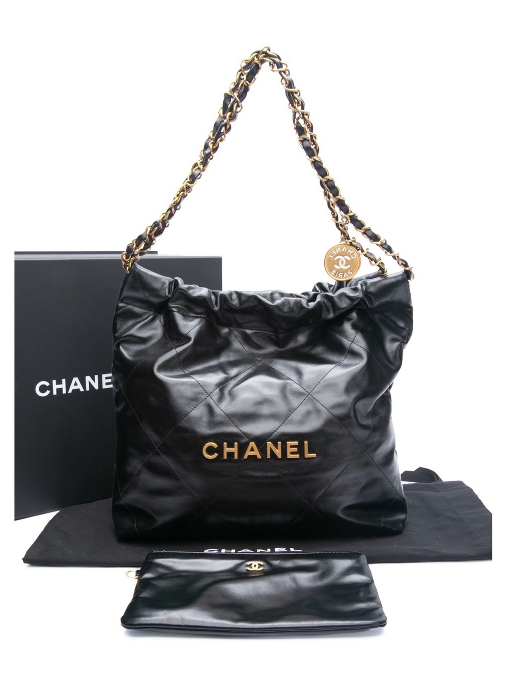 Authentic Like NeCHANEL 22 Black Quilted Leather Shoulder Hobo with Gold Accents